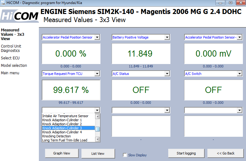 hicom09: OBD-II diagnostic program screenshot