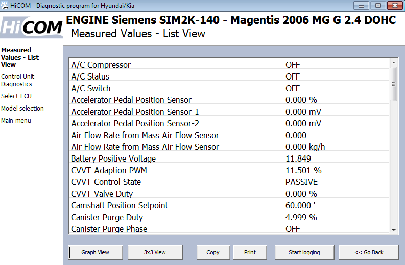 hicom10: OBD-II diagnostic program screenshot