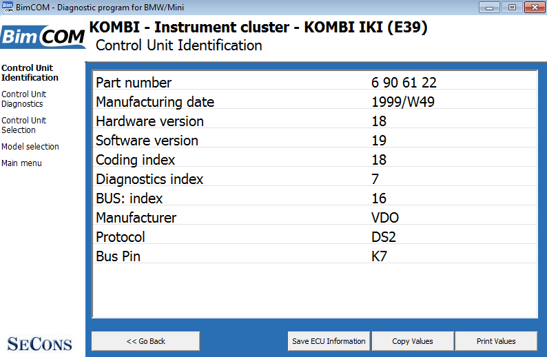 bimcom05: OBD-II diagnostic program screenshot