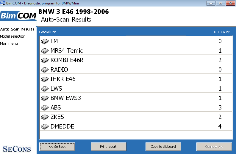 bimcom14: OBD-II diagnostic program screenshot