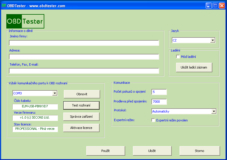 czobdtester15: OBD-II diagnostic program screenshot