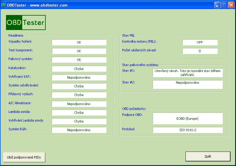 czobdtester4: OBD-II diagnostic program screenshot