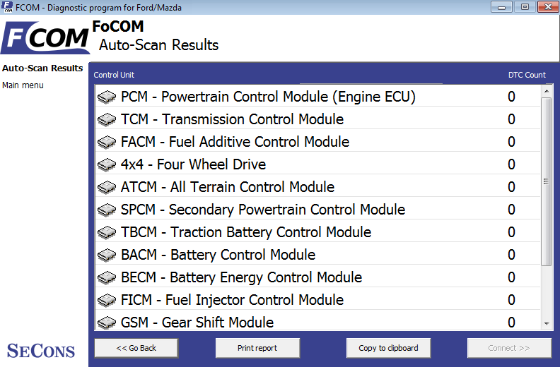 fcom10: OBD-II diagnostic program screenshot