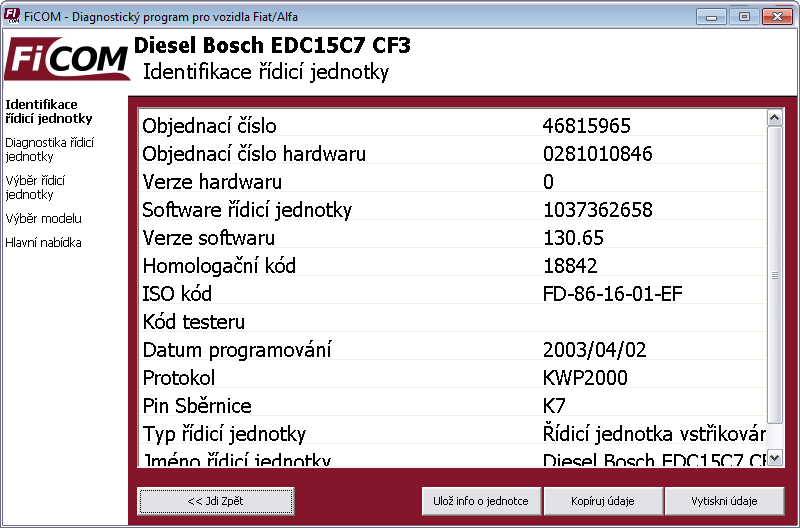 ficomcz05: OBD-II diagnostic program screenshot