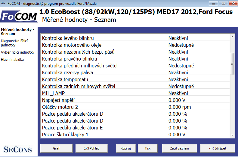 focomcz08: OBD-II diagnostic program screenshot