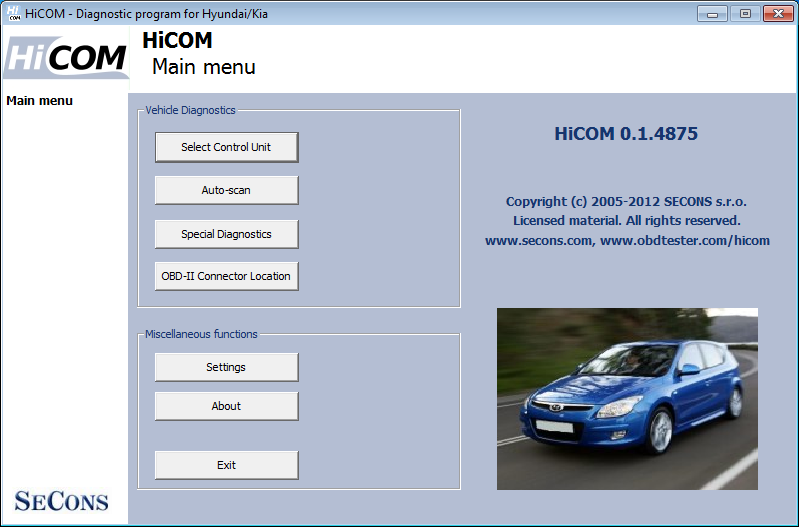 hicom01: OBD-II diagnostic program screenshot