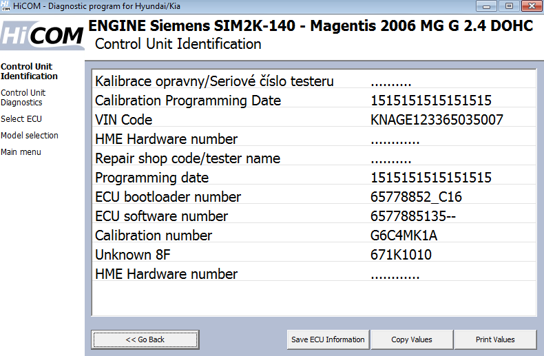 hicom05: OBD-II diagnostic program screenshot