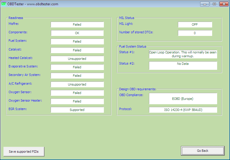 obdtester4: OBD-II diagnostic program screenshot