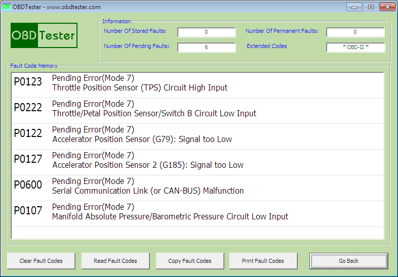 obdtester7: OBD-II diagnostic program screenshot
