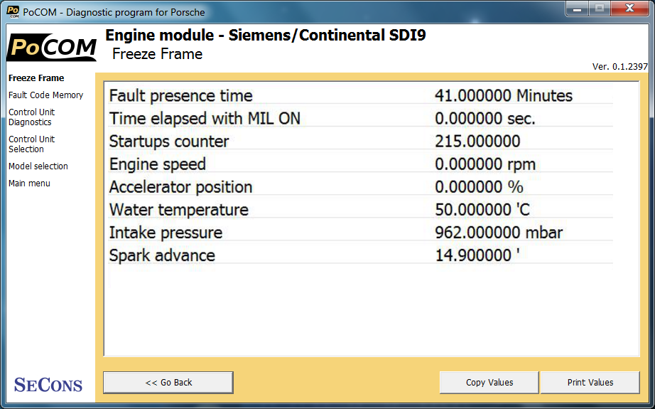 pocom07: OBD-II diagnostic program screenshot