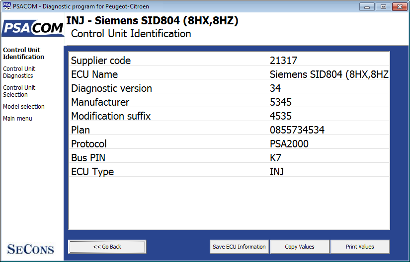 psacom05: OBD-II diagnostic program screenshot
