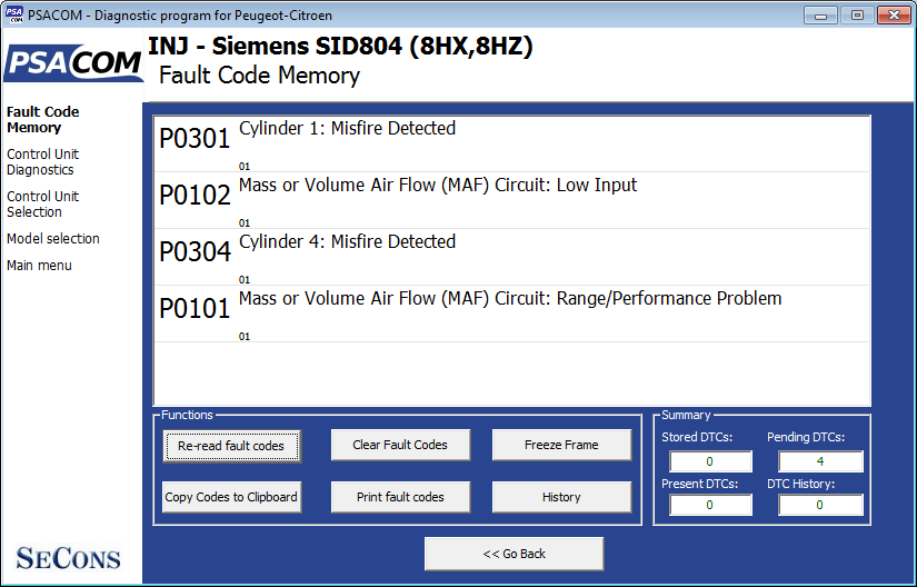 psacom06: OBD-II diagnostic program screenshot