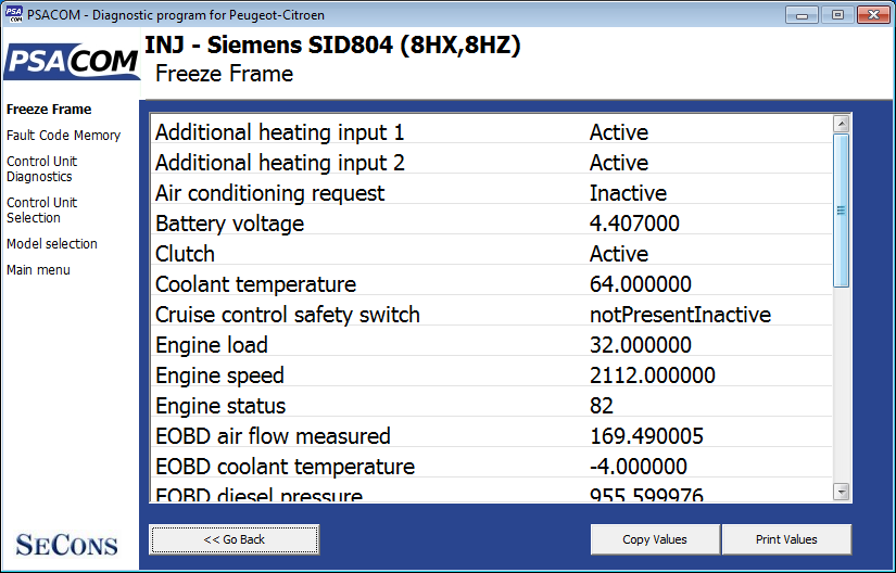 psacom07: OBD-II diagnostic program screenshot