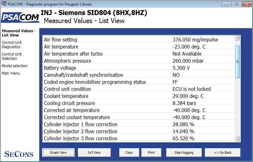 psacom10: OBD-II diagnostic program screenshot