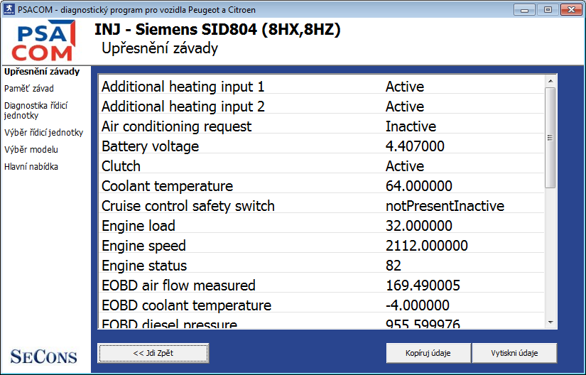 psacomcz07: OBD-II diagnostic program screenshot