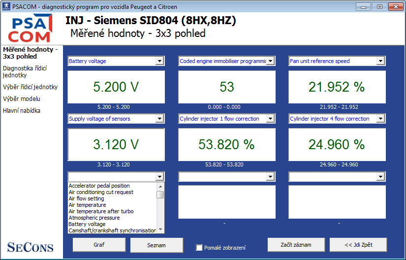 psacomcz09: OBD-II diagnostic program screenshot