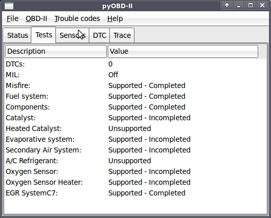 pyobd2: OBD-II diagnostic program screenshot