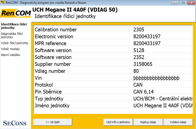 rencomcz05: OBD-II diagnostic program screenshot