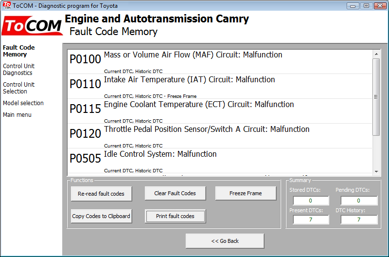 tocom06: OBD-II diagnostic program screenshot